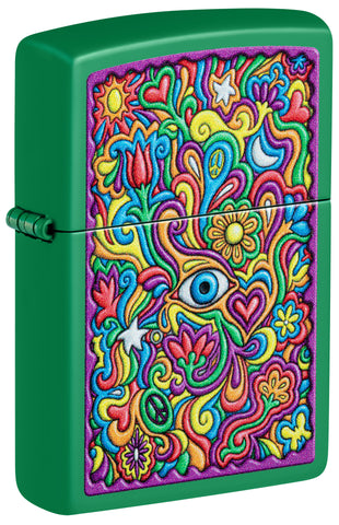 Front view of ˫ Trippy Design Grass Green Matte Windproof Lighter standing at a 3/4 angle.